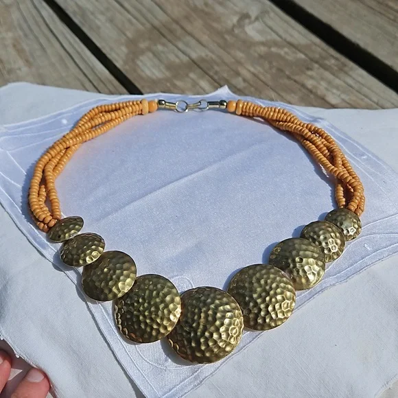 Vintage Celluloid Beaded Multi-strand into Brass Circles necklace #135 - Picture 1 of 9